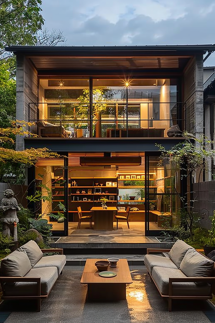 ALT: Modern two-story house at dusk with warm interior lighting, featuring large windows, a balcony, and a cozy outdoor seating area.
