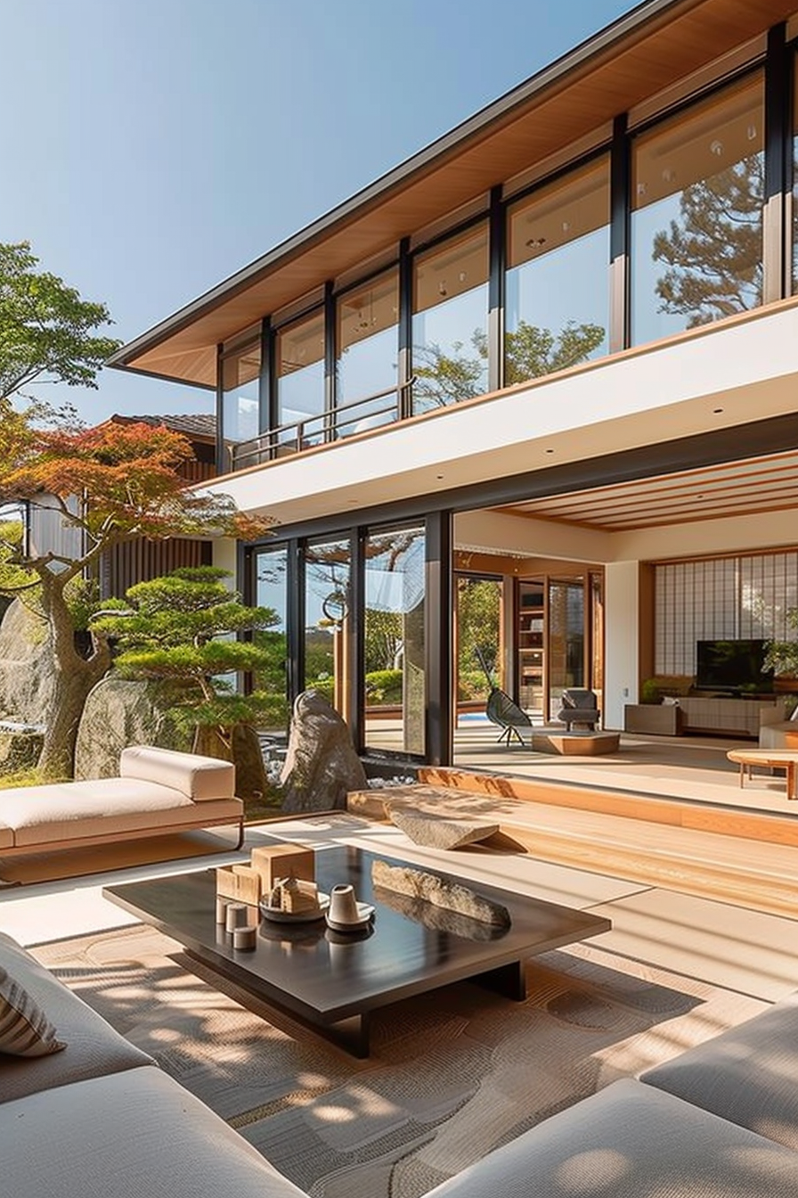 Modern living room with large windows, open to nature, featuring minimalist furniture and Japanese-inspired design elements.