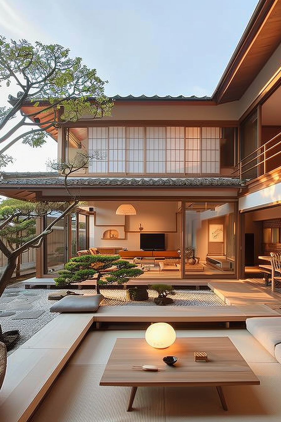 Traditional Japanese house interior with sliding doors, tatami mats, and a central garden view.
