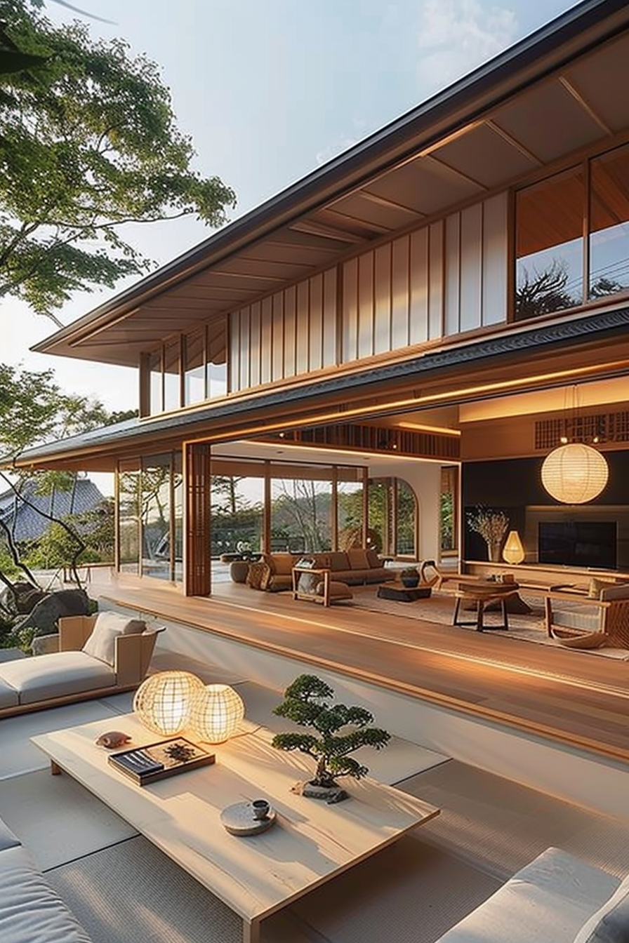 A cozy modern living space with traditional Japanese elements, large windows, wooden design, low furniture, and hanging lanterns.