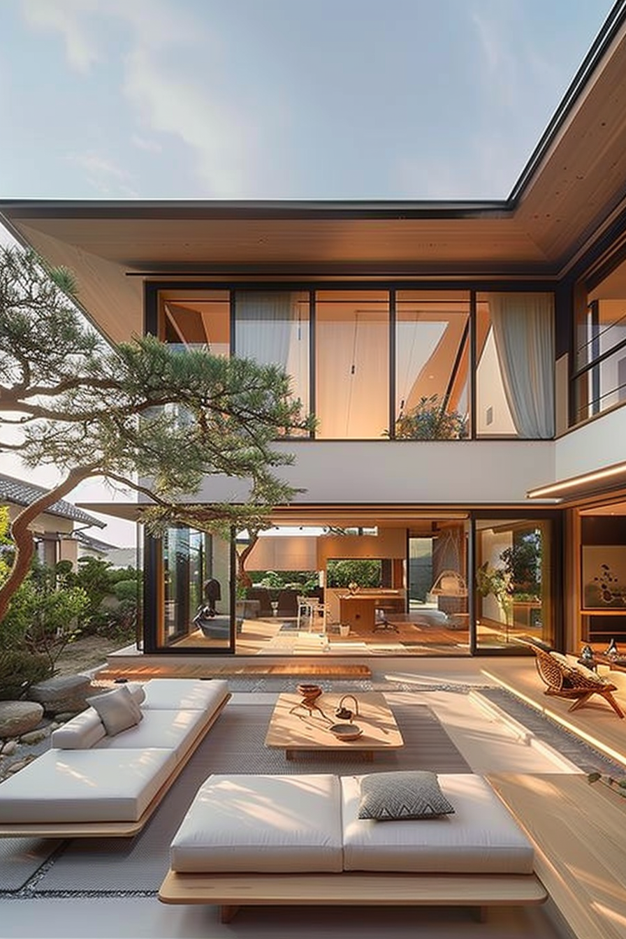ALT: Modern house with open patio, large windows, low-profile furniture and a person reading by the glass wall, giving an indoor-outdoor living feel.