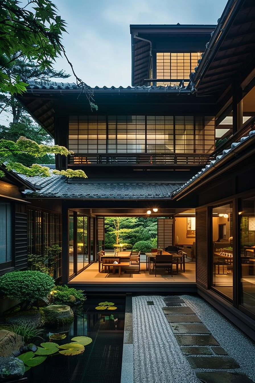 Traditional Japanese house with sliding doors, lit interior, and a serene garden with a pond and stepping stones at dusk.