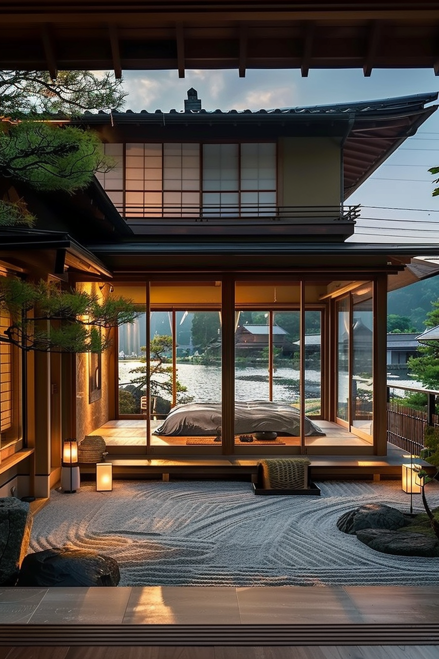 Traditional Japanese bedroom with sliding glass doors, tatami floors, and view of a serene garden with a pond at dusk.