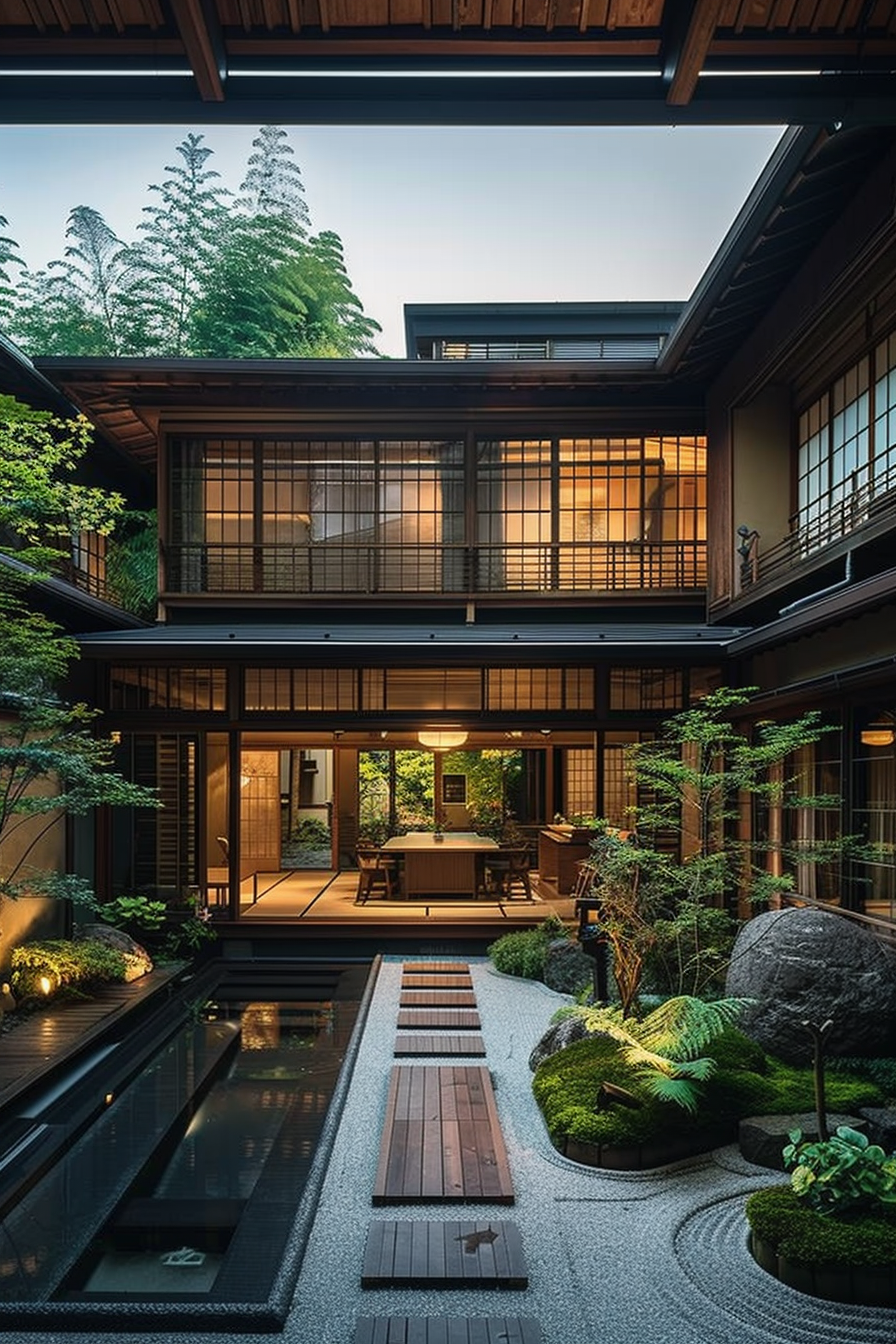 Traditional Japanese house with wooden architecture, sliding doors, and a tranquil Zen garden with stepping stones over water.