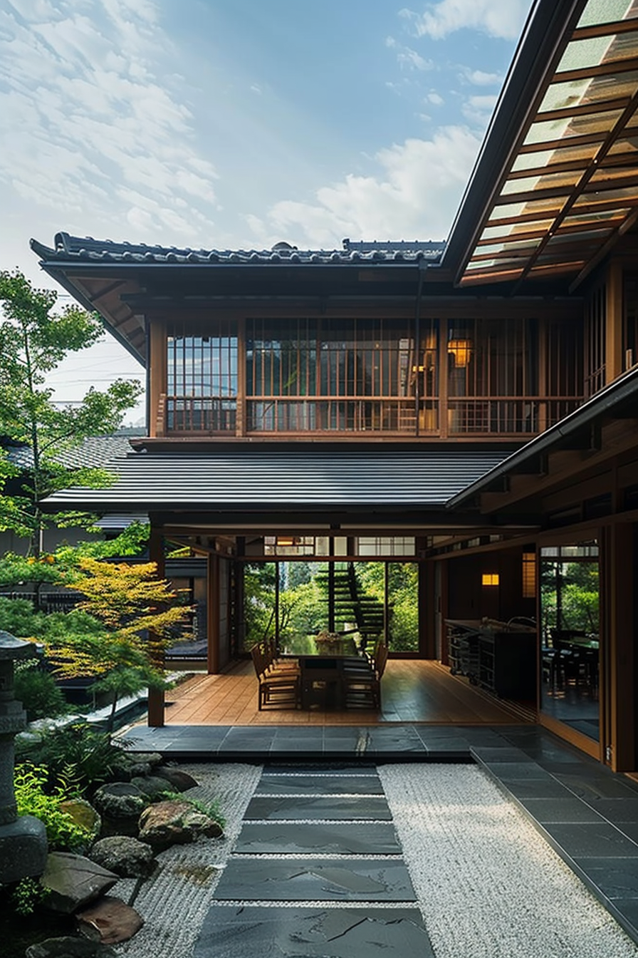 Traditional Japanese house with open sliding doors, leading to a peaceful garden with lush greenery.