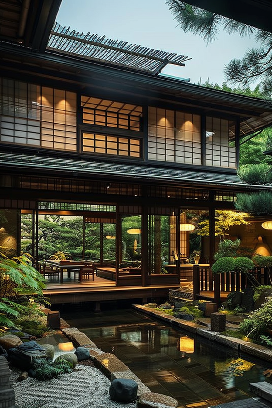 Traditional Japanese house with sliding doors, overlooking a serene garden with a pond at dusk.
