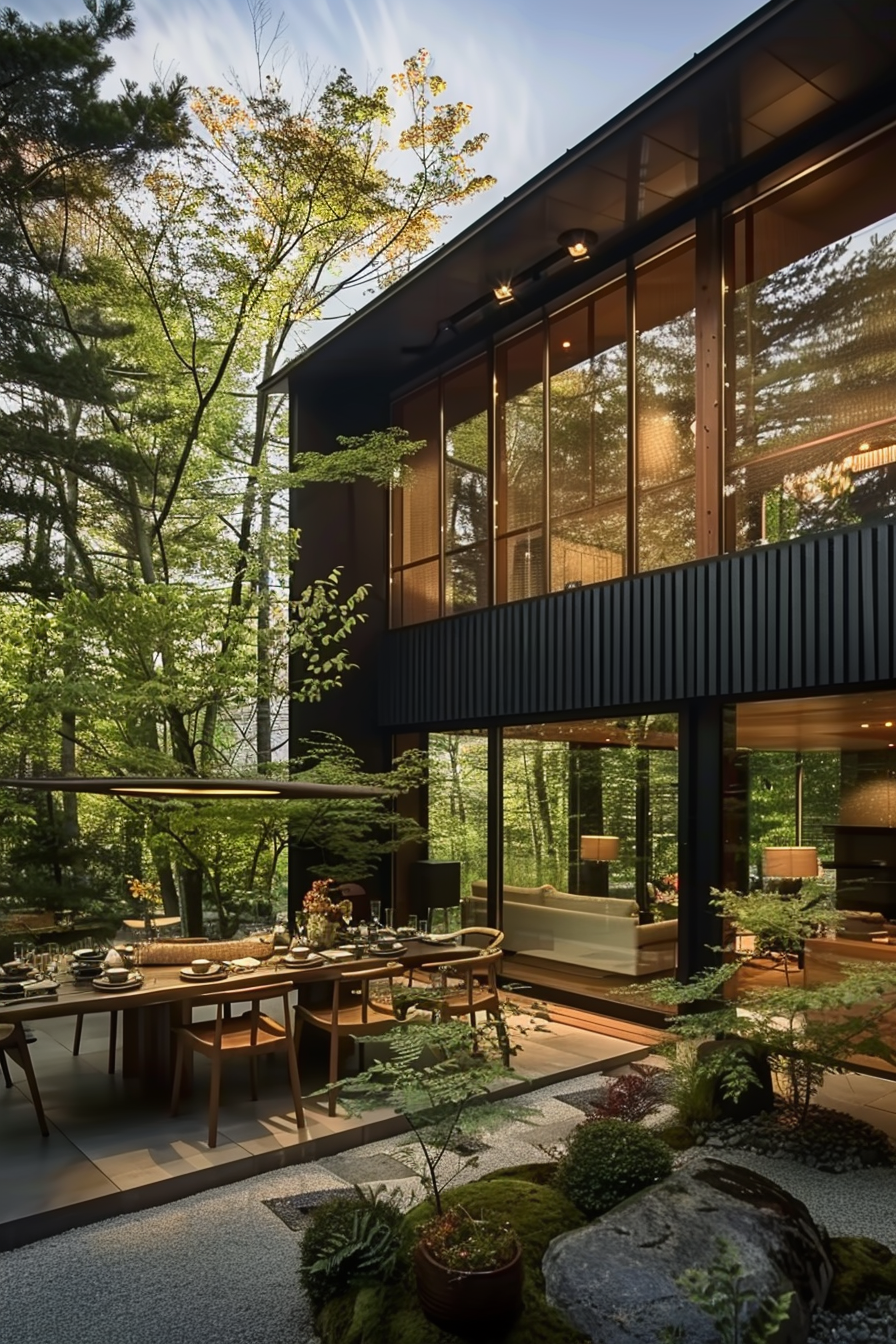 Modern two-story house surrounded by trees with floor-to-ceiling windows, reflecting nature seamlessly into the dining and living areas.