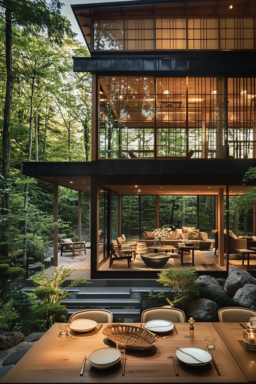 Modern forest home with expansive glass walls, illuminated interior visible, set against lush trees, viewed from an outdoor dining table.