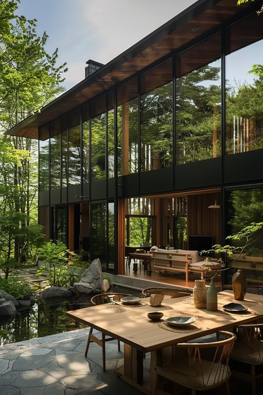 A serene outdoor dining area with a wooden table set, overlooking a lush forest and a modern house with large glass windows.
