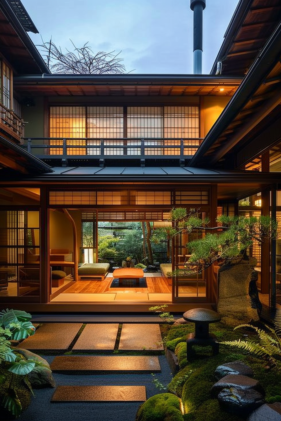 Traditional Japanese house with sliding doors, tatami floors, and a central garden at dusk.