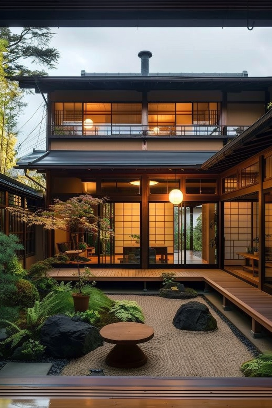 Traditional Japanese house with sliding doors, serene garden, and warm lighting at dusk.