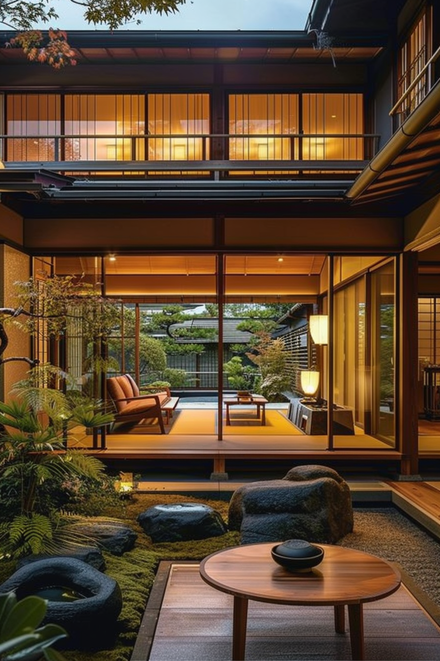 Traditional Japanese house with illuminated interior, tatami floors, wooden furniture, and a zen garden view.
