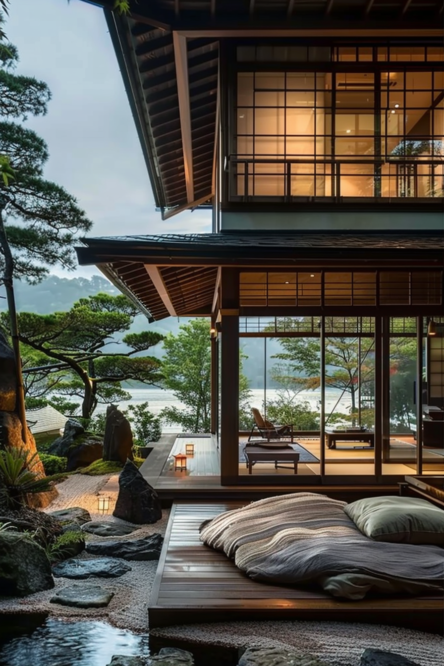 Traditional Japanese house with sliding doors and tatami mats overlooking serene garden and lake.