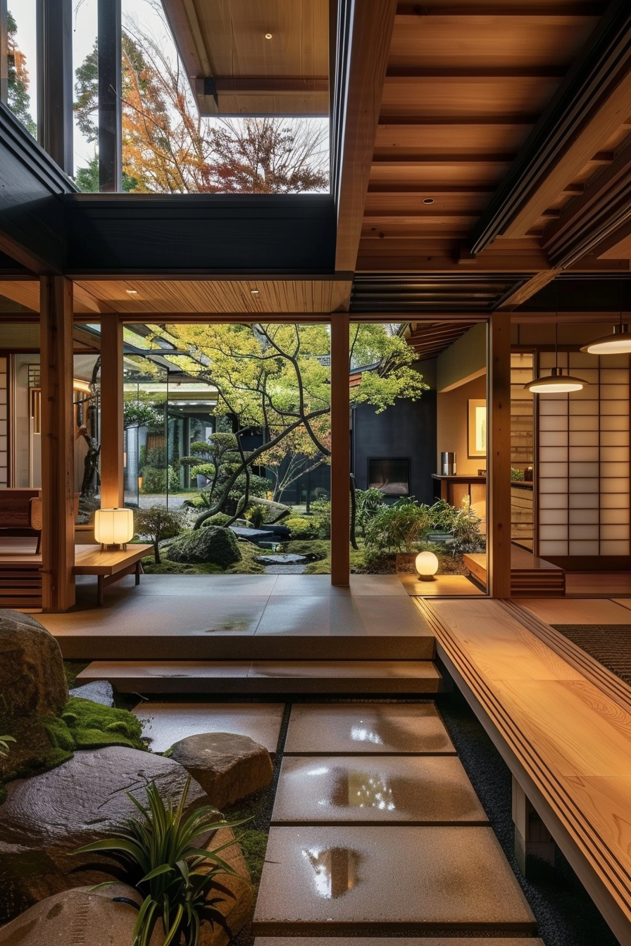 Traditional Japanese room with sliding doors, tatami mats, and a view of a serene garden with autumn foliage.