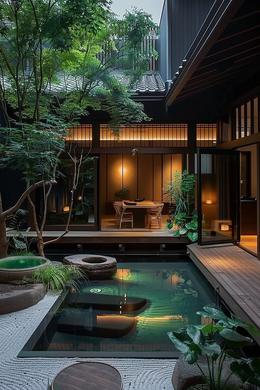 Tranquil Japanese-style courtyard with water feature, stepping stones, lush greenery, and warmly lit traditional interior visible.