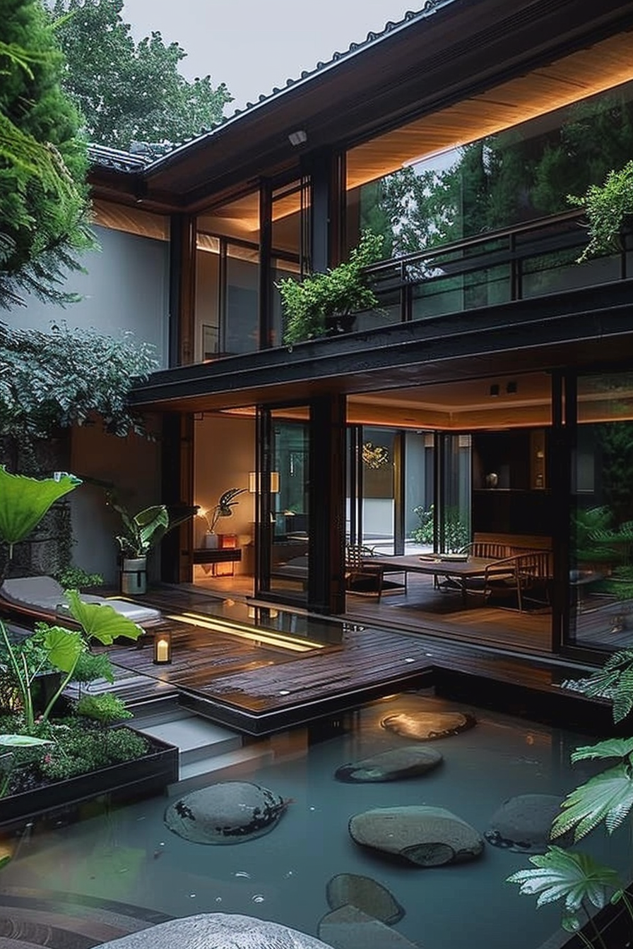 Modern house with large glass doors, wooden decks, and a tranquil garden pond with stepping stones.