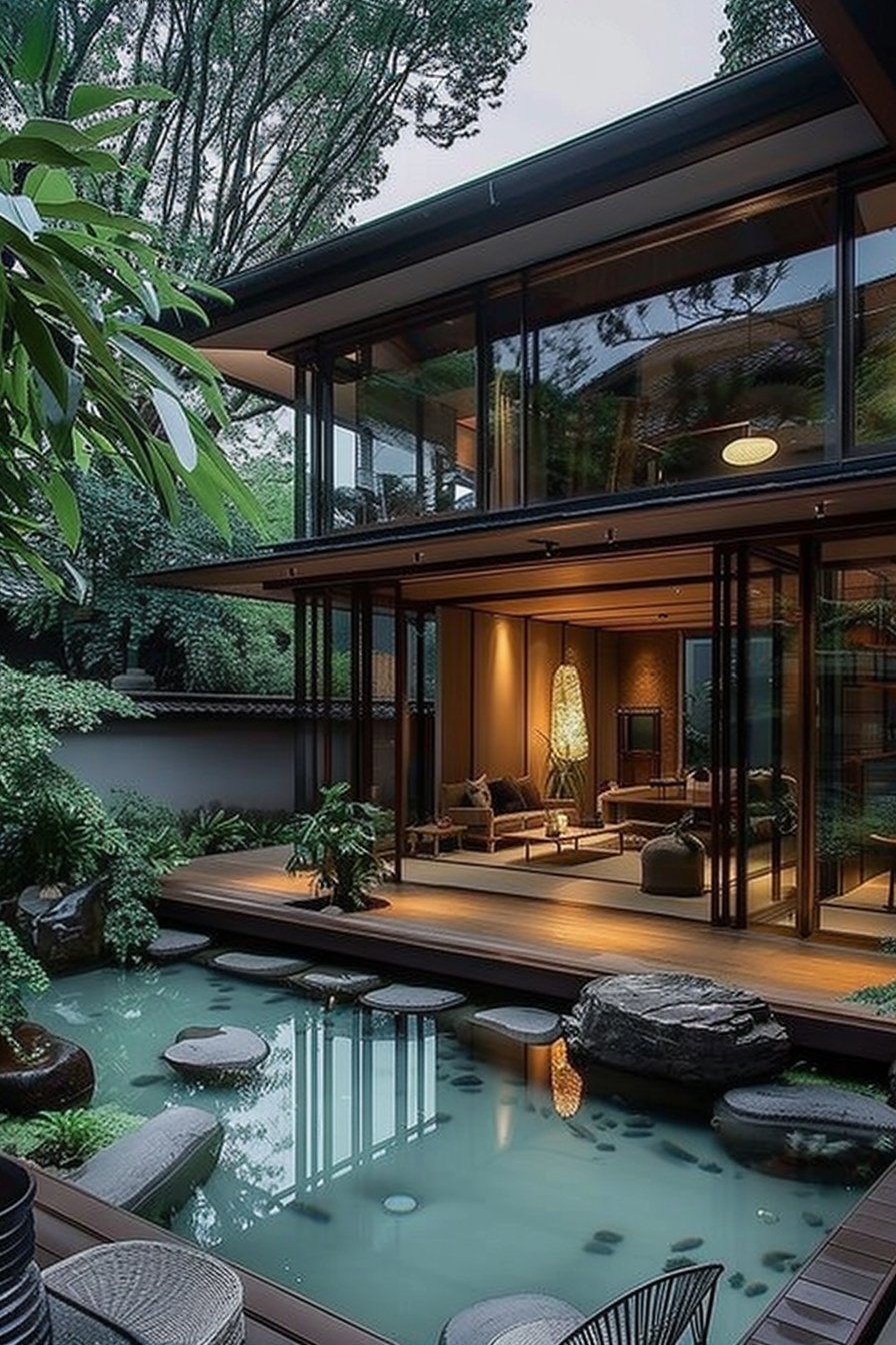 Modern two-story house with extensive glass walls surrounded by trees, featuring an interior view and a tranquil pond with stepping stones.