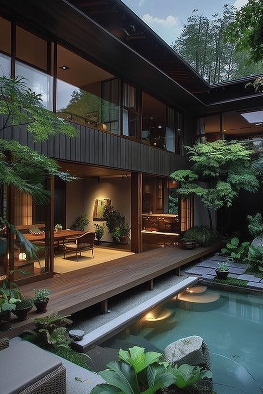 Modern two-story house with large windows, surrounded by lush greenery with a wooden deck pathway over a tranquil pond.