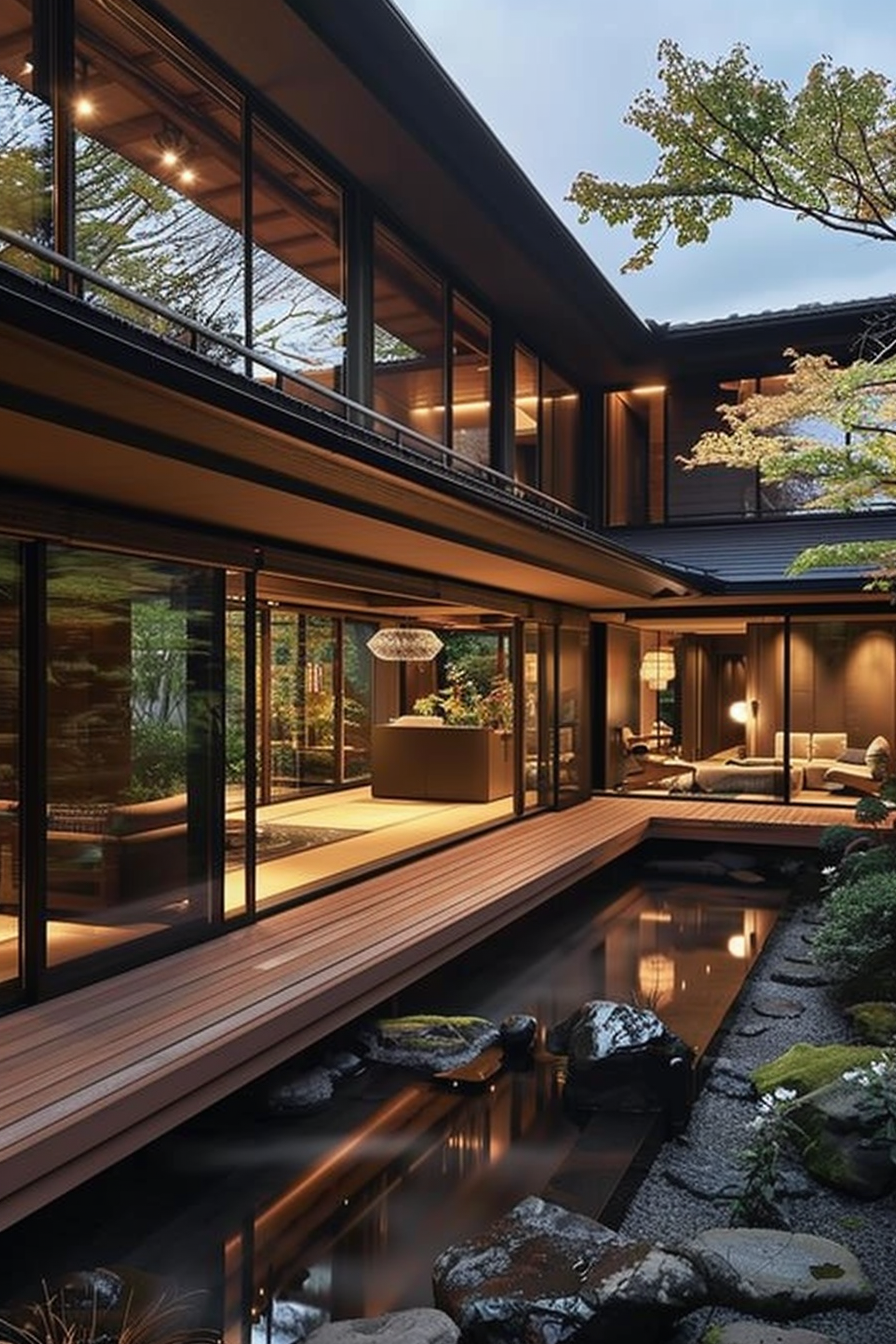Traditional Japanese house with zen garden and wooden deck at dusk, tranquil and serene ambiance.