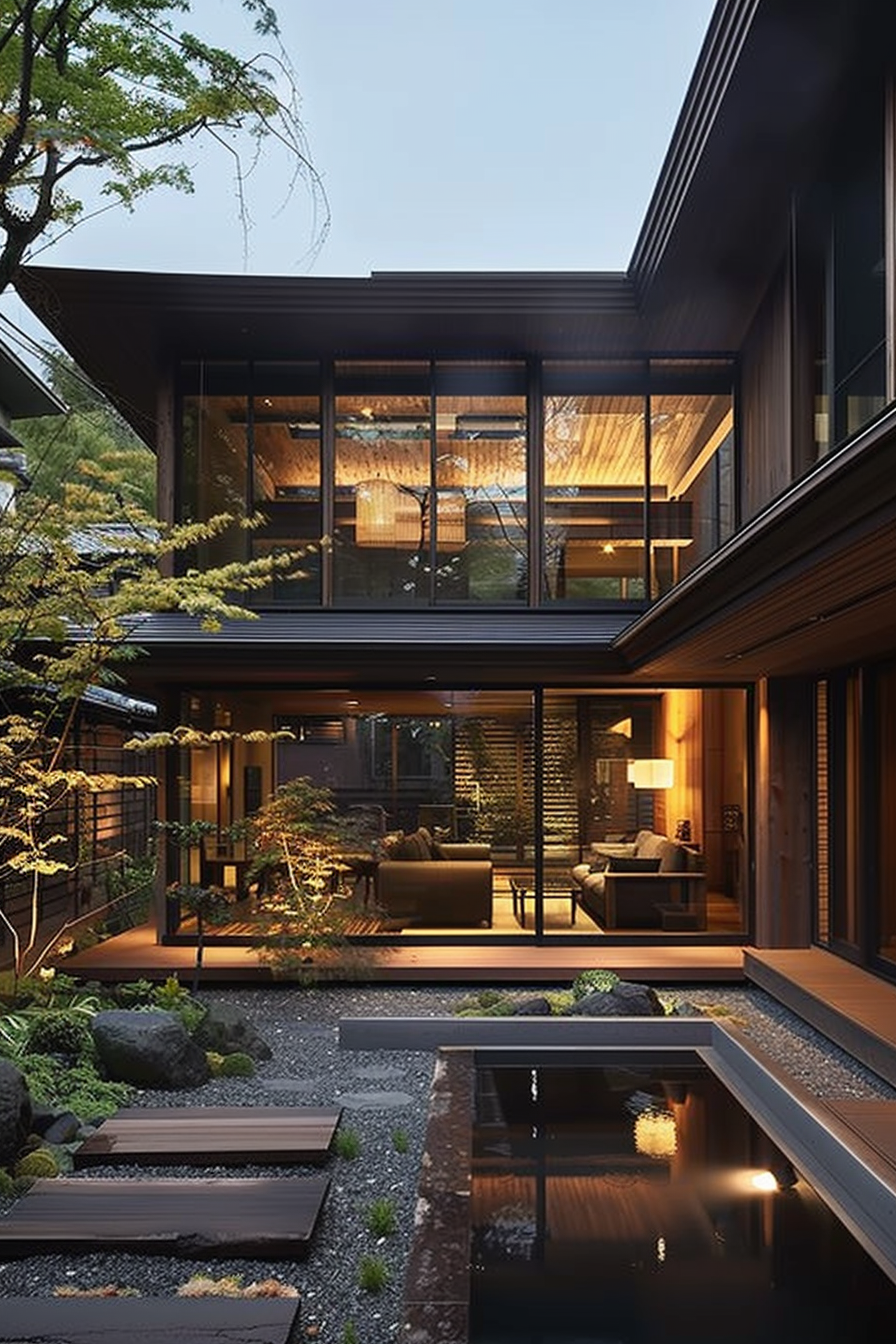 Modern house at dusk with large glass windows, interior lights on, surrounded by a tranquil garden with stepping stones and reflective pond.