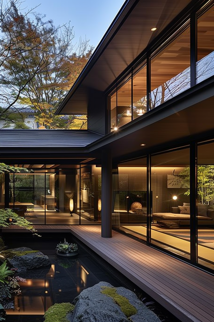 Modern house with large windows at dusk, overlooking a tranquil Japanese-style garden with rocks and water features.