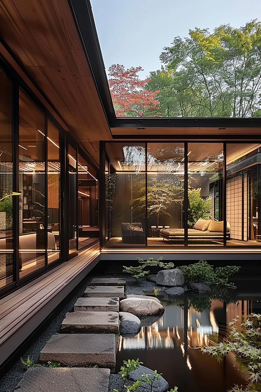 Modern house with glass walls overlooking a serene garden with a pond and stepping stones, surrounded by trees with autumn foliage.