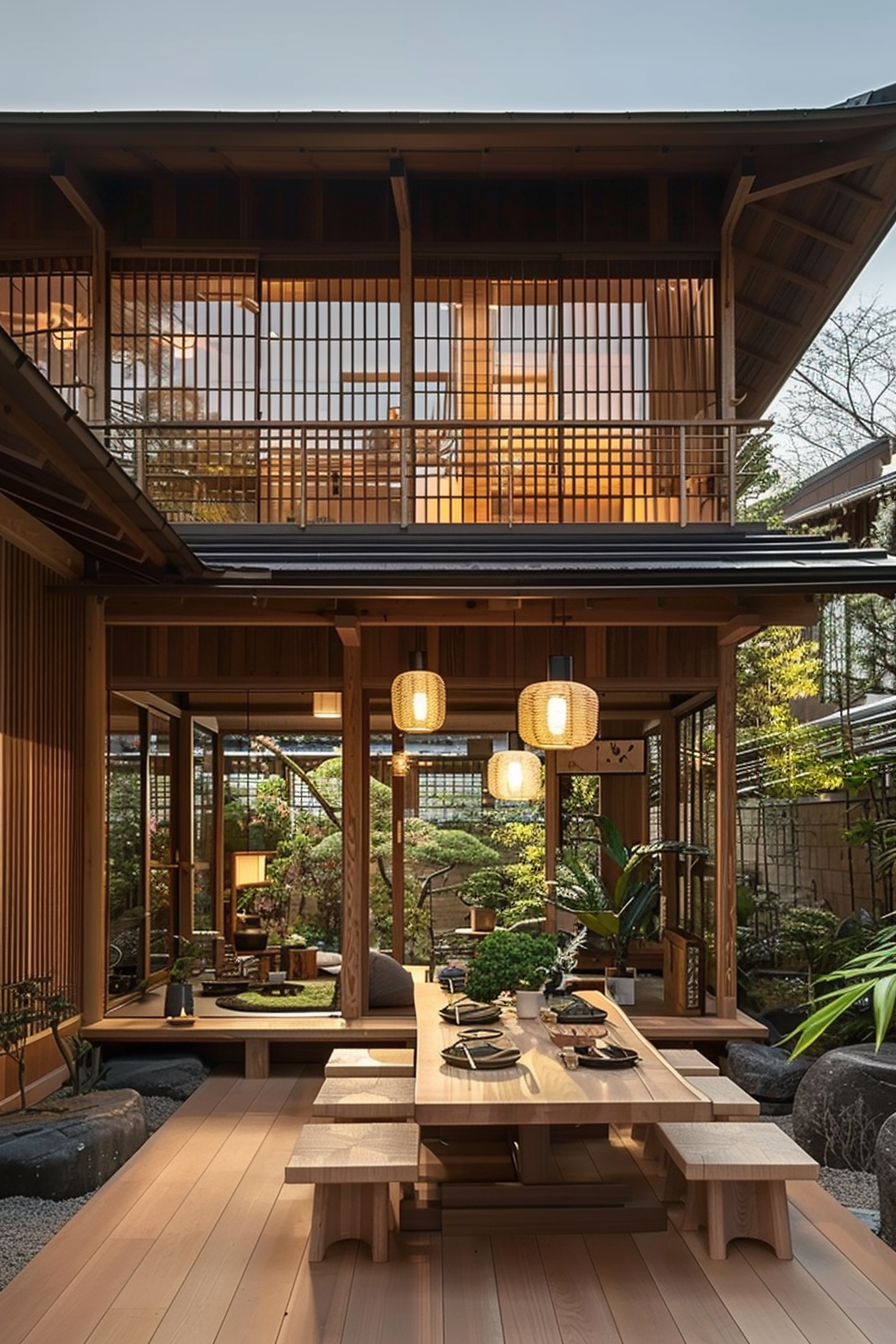 Traditional Japanese dining area with wooden table, floor seating, hanging lanterns, and a view of a serene garden.