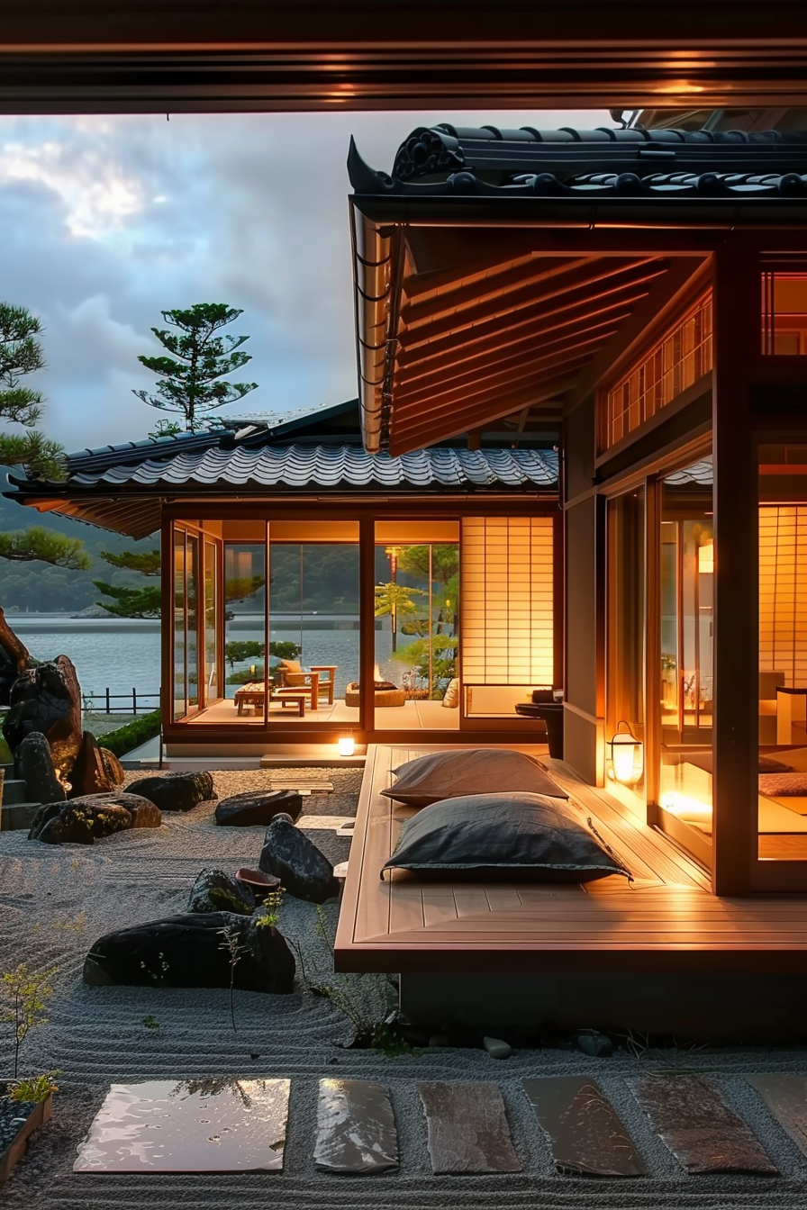 Traditional Japanese house with sliding doors open to a zen garden and a serene lake view at dusk.