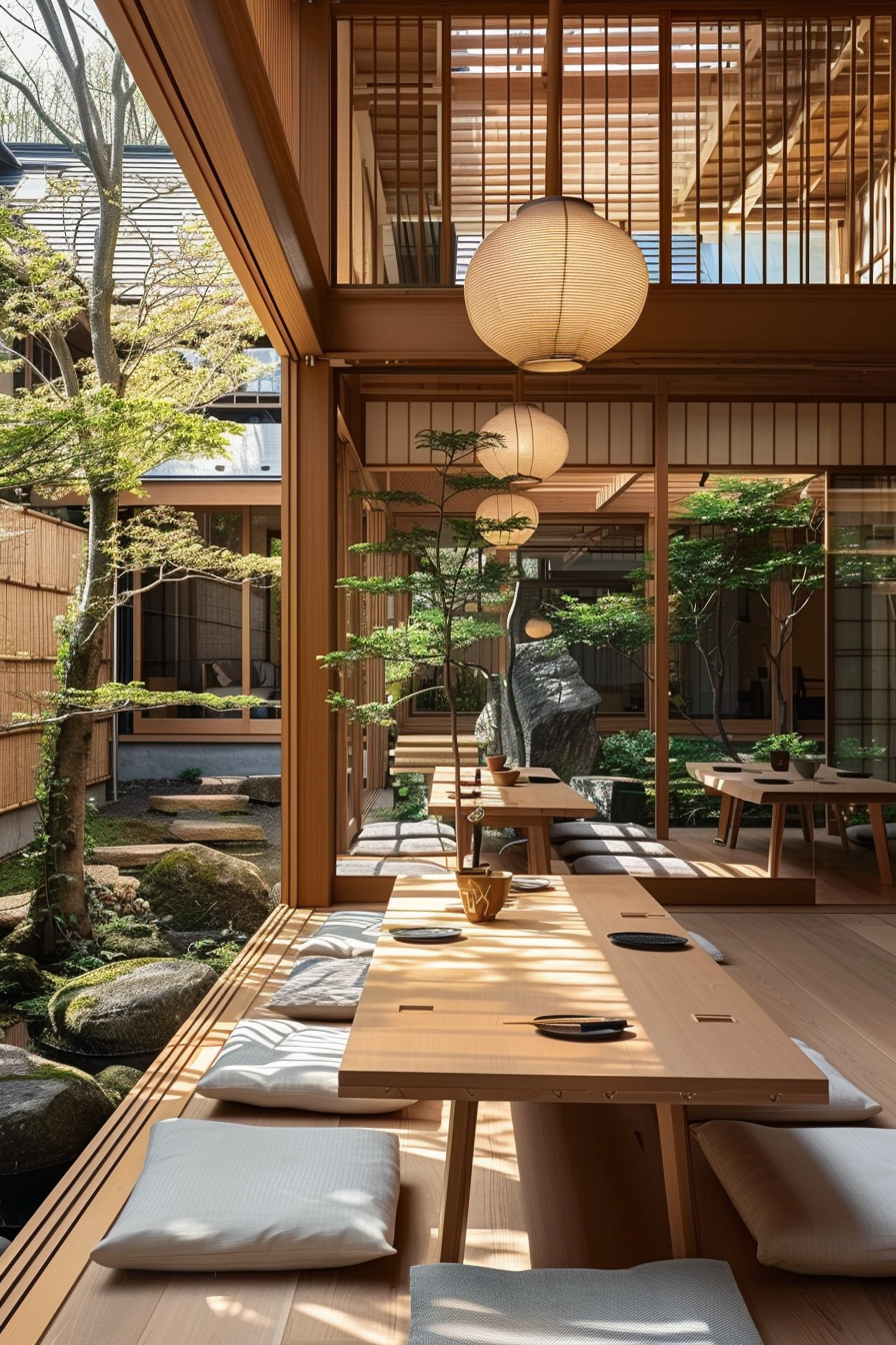 Traditional Japanese dining setting with tatami mats, low wooden tables, floor cushions, and paper lanterns, overlooking a serene inner garden.