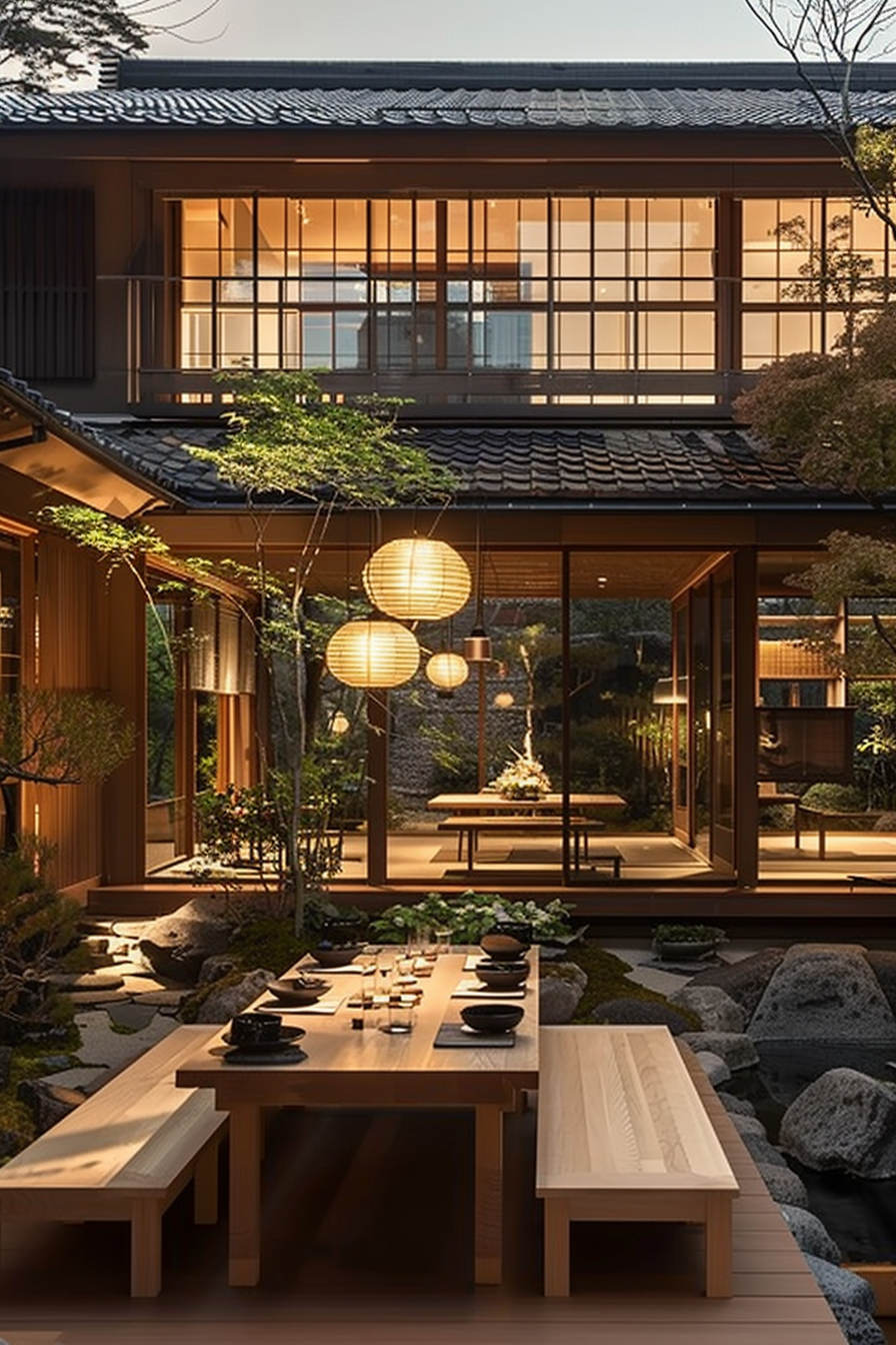 Traditional Japanese dining area with low table, seating benches, hanging paper lanterns, and a view of a garden at dusk.