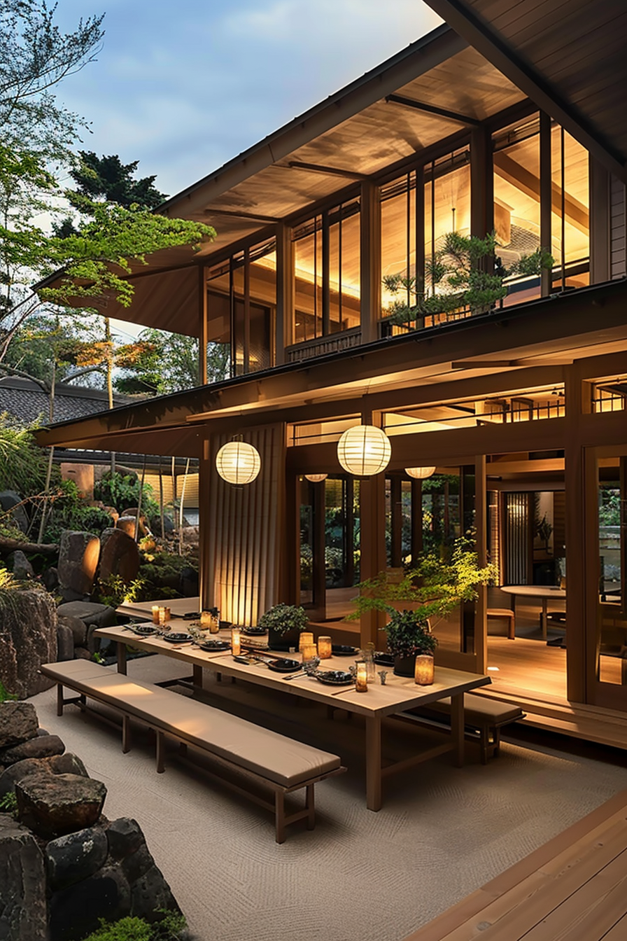 ALT text: Traditional Japanese dining area with tatami floors, low wooden tables, and floor seating illuminated by soft lantern light at dusk.