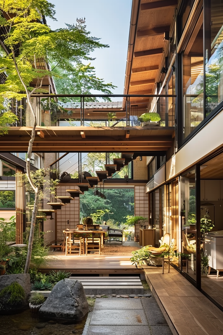 Modern multi-level home with open spaces, wooden interiors, and an indoor garden, blending indoor and outdoor living.