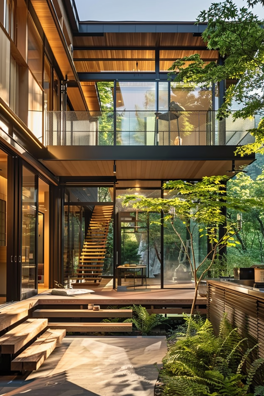 Modern multi-story house with large windows, wooden details, a balcony, and surrounding greenery, bathing in natural light.