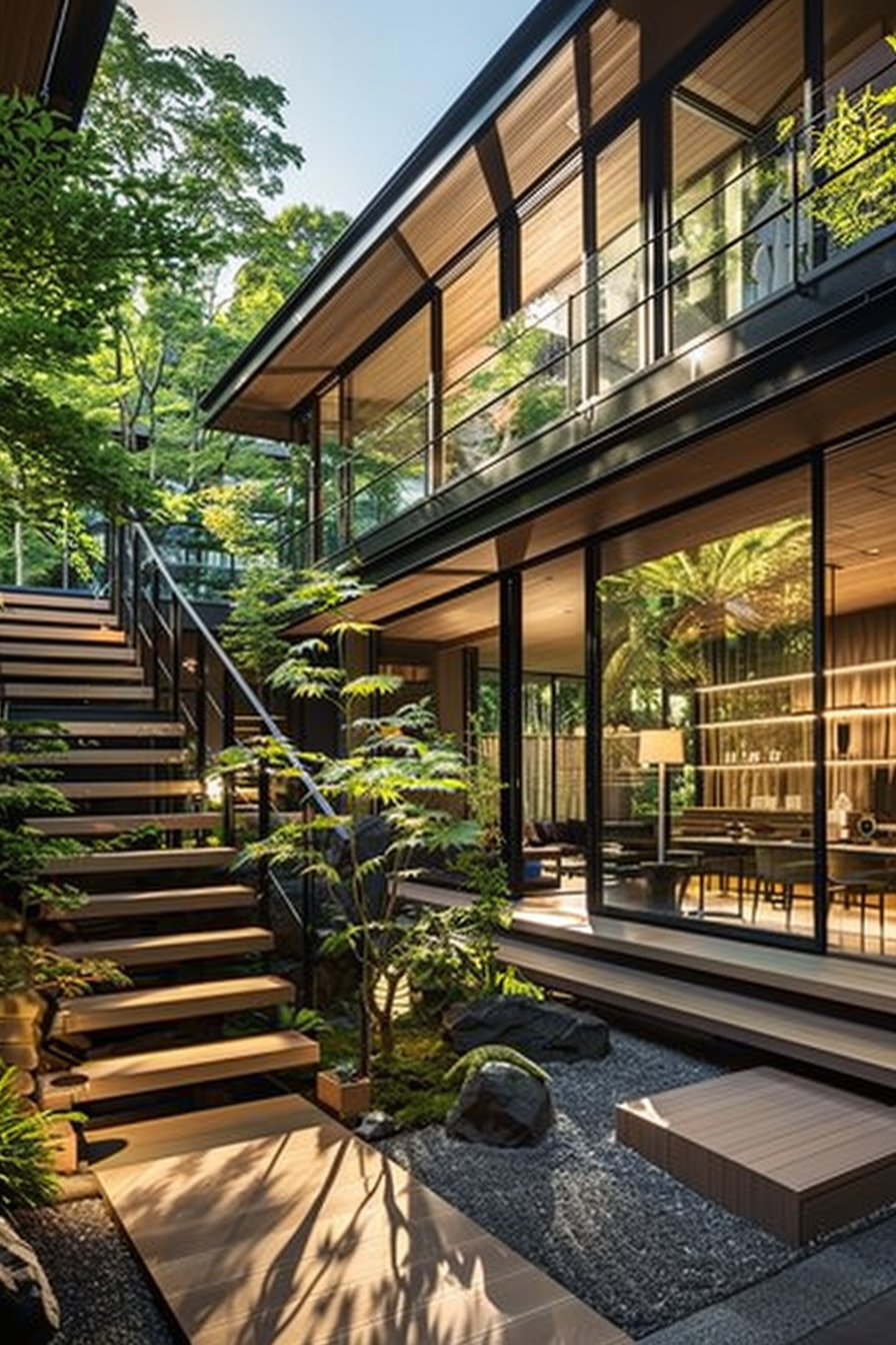 Modern house with large glass windows, wooden elements, external staircase, and a Japanese-style garden.
