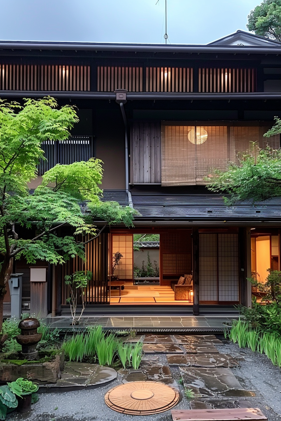 Traditional Japanese house with sliding doors, tatami floors, and a tranquil garden at dusk.