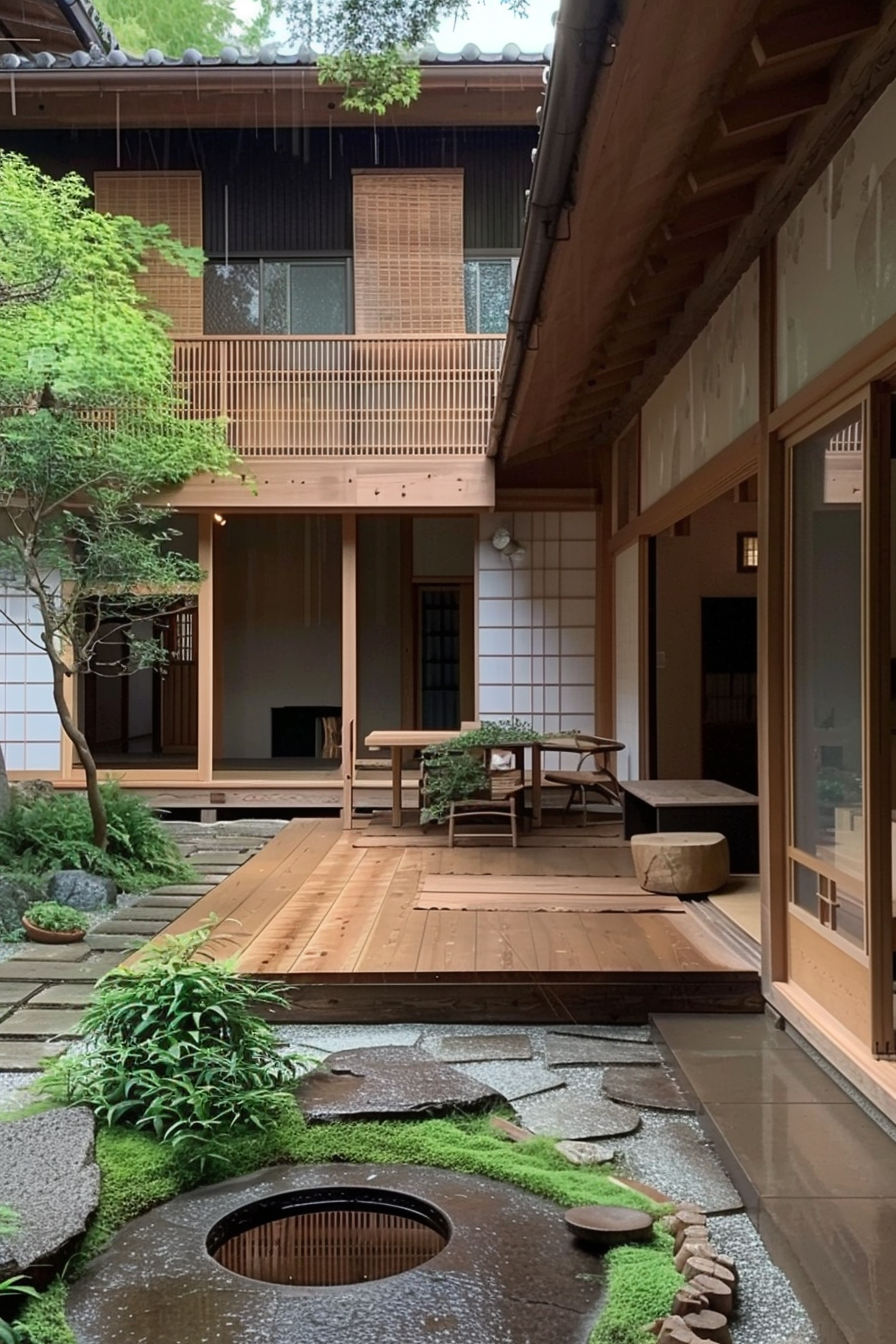 Traditional Japanese house interior courtyard with wooden deck, moss garden, and stone path.