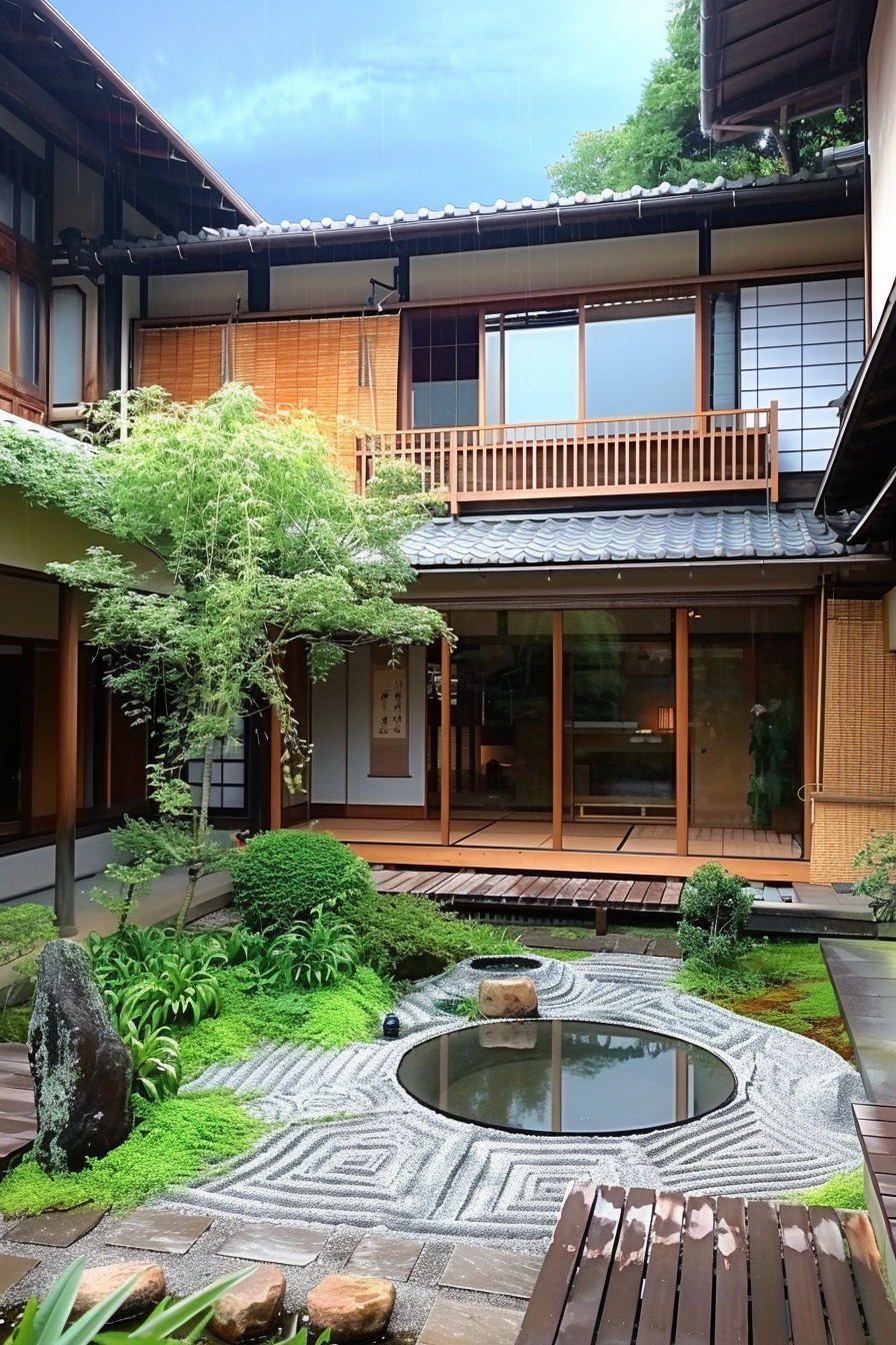 Traditional Japanese house with a tranquil garden, pond, and neatly arranged pebbles, reflecting a serene aesthetic.