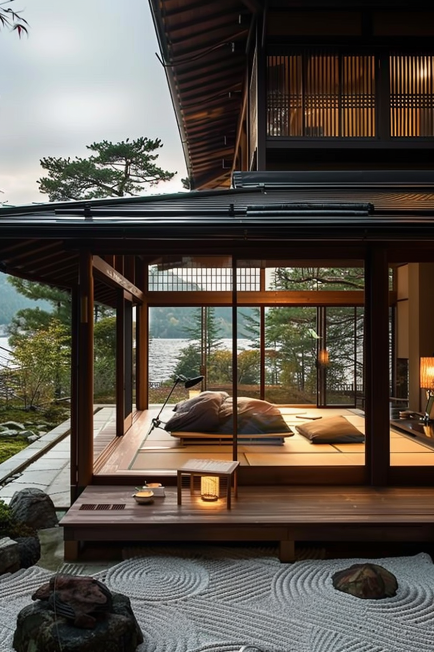 Traditional Japanese-style room with sliding doors, tatami mats, floor cushions, and a tranquil view of nature.