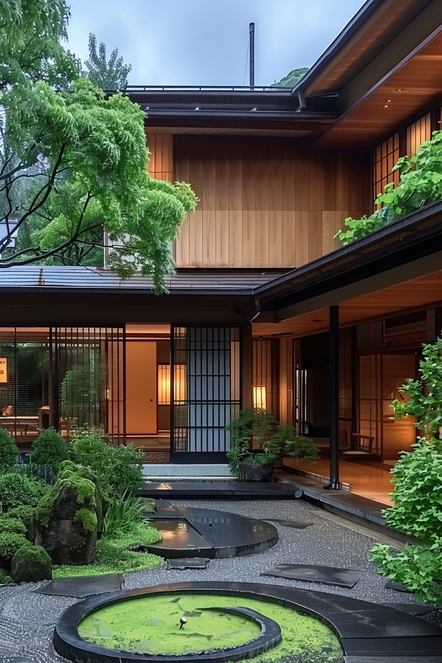 Traditional Japanese house with sliding doors, a tranquil garden with a stone path and greenery, and a serene pond.