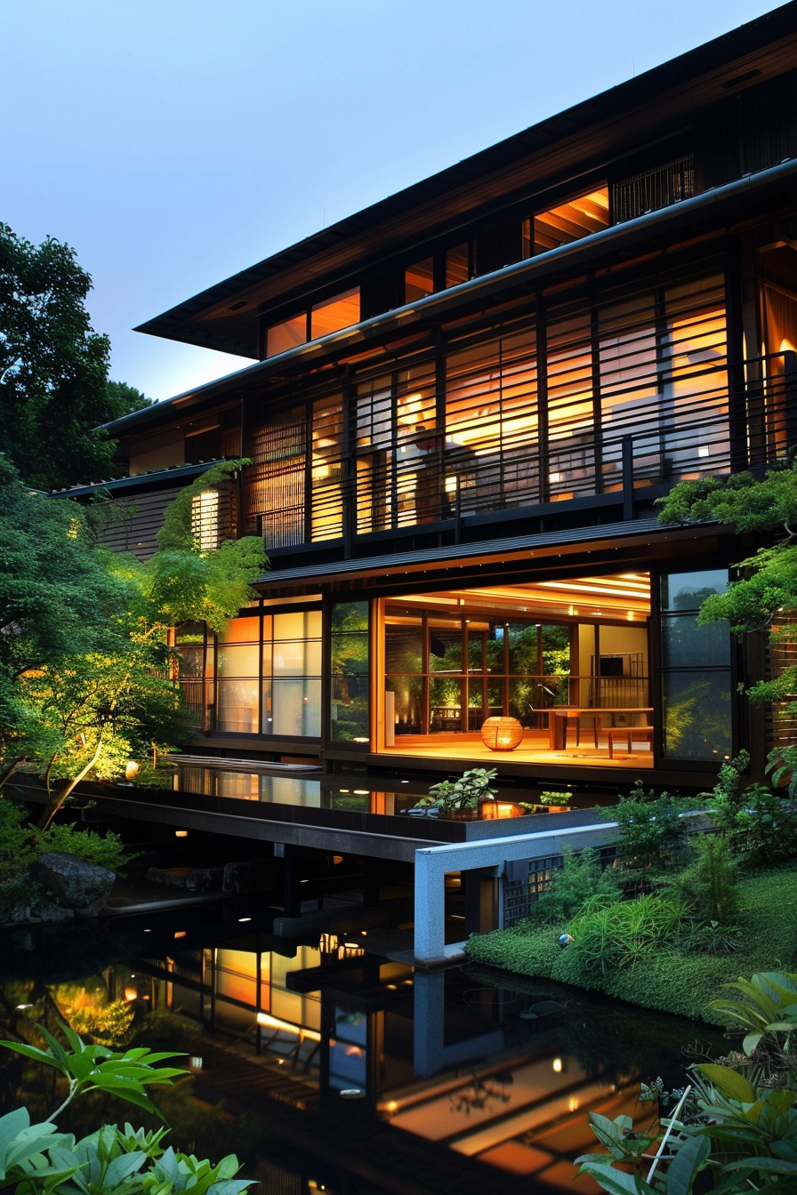 Modern multi-story house with glowing interior lights, large windows, and a reflection over a tranquil water feature surrounded by greenery at dusk.