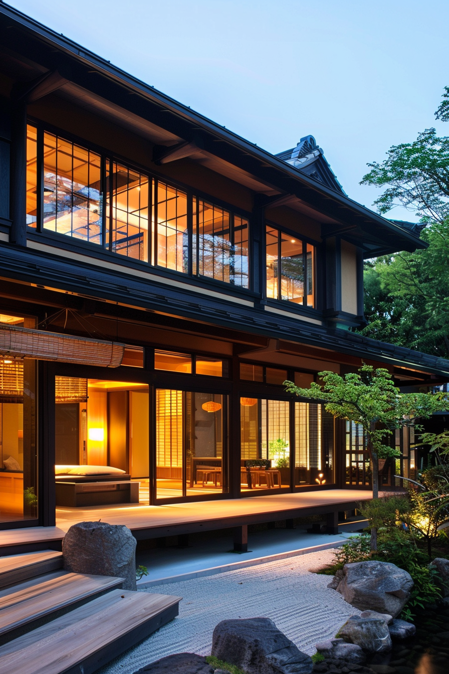 Traditional Japanese house at dusk with illuminated interiors and a tranquil garden.