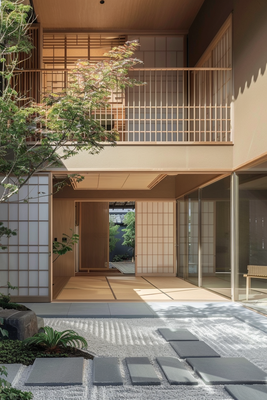 ALT: Traditional Japanese house interior with tatami floors, shoji screens, and a zen garden with stepping stones viewed through an open sliding door.