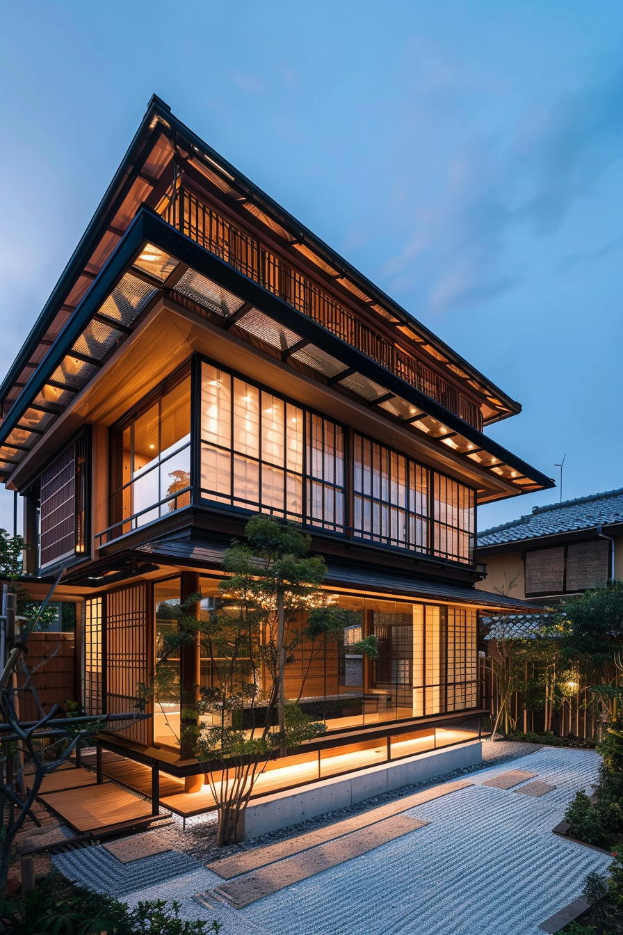 Traditional Japanese house with illuminated sliding doors at dusk, featuring a multi-tiered structure and a small garden.