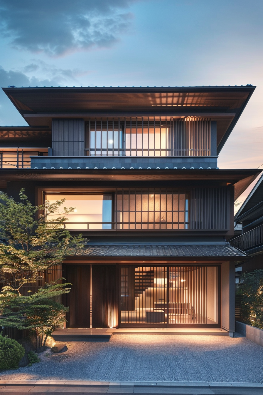 Traditional Japanese house with illuminated interiors at dusk, showcasing sliding doors, wooden facade, and a serene garden.