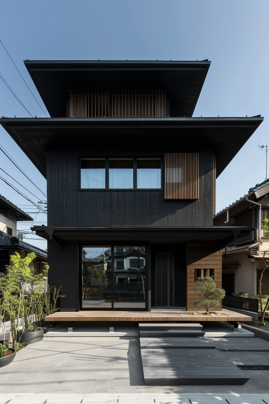 A modern, multi-story black house with large windows and a mix of traditional and contemporary Japanese architectural elements.