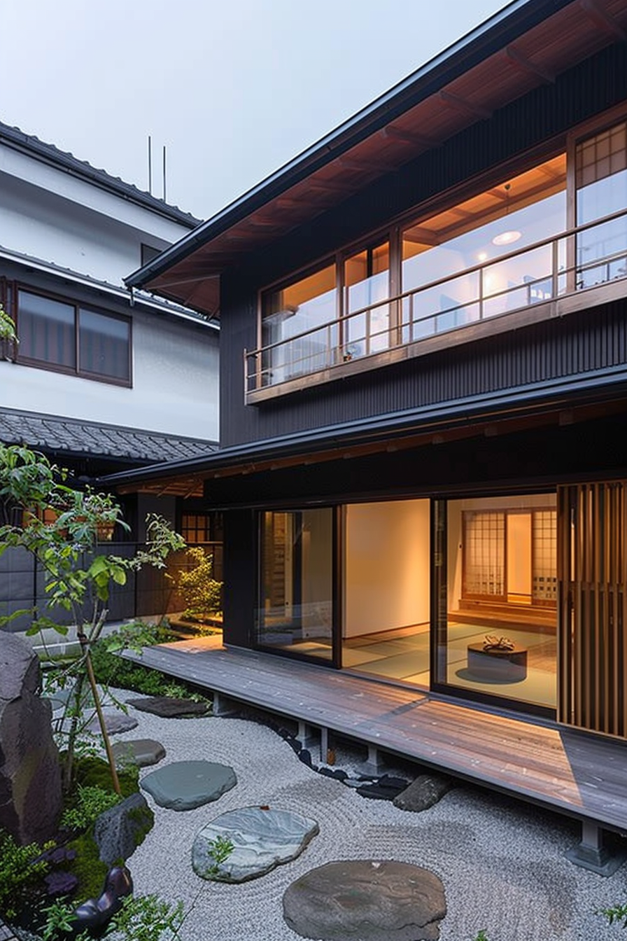 Traditional Japanese house with sliding doors, zen garden with stepping stones, and a balcony at dusk.