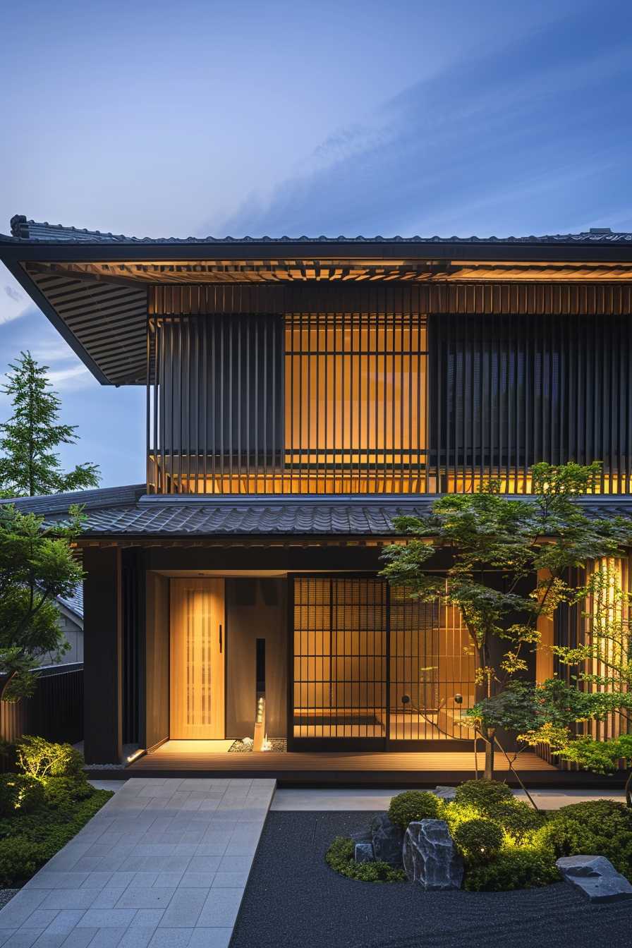 Traditional Japanese house at dusk with illuminated sliding doors and a manicured front garden.