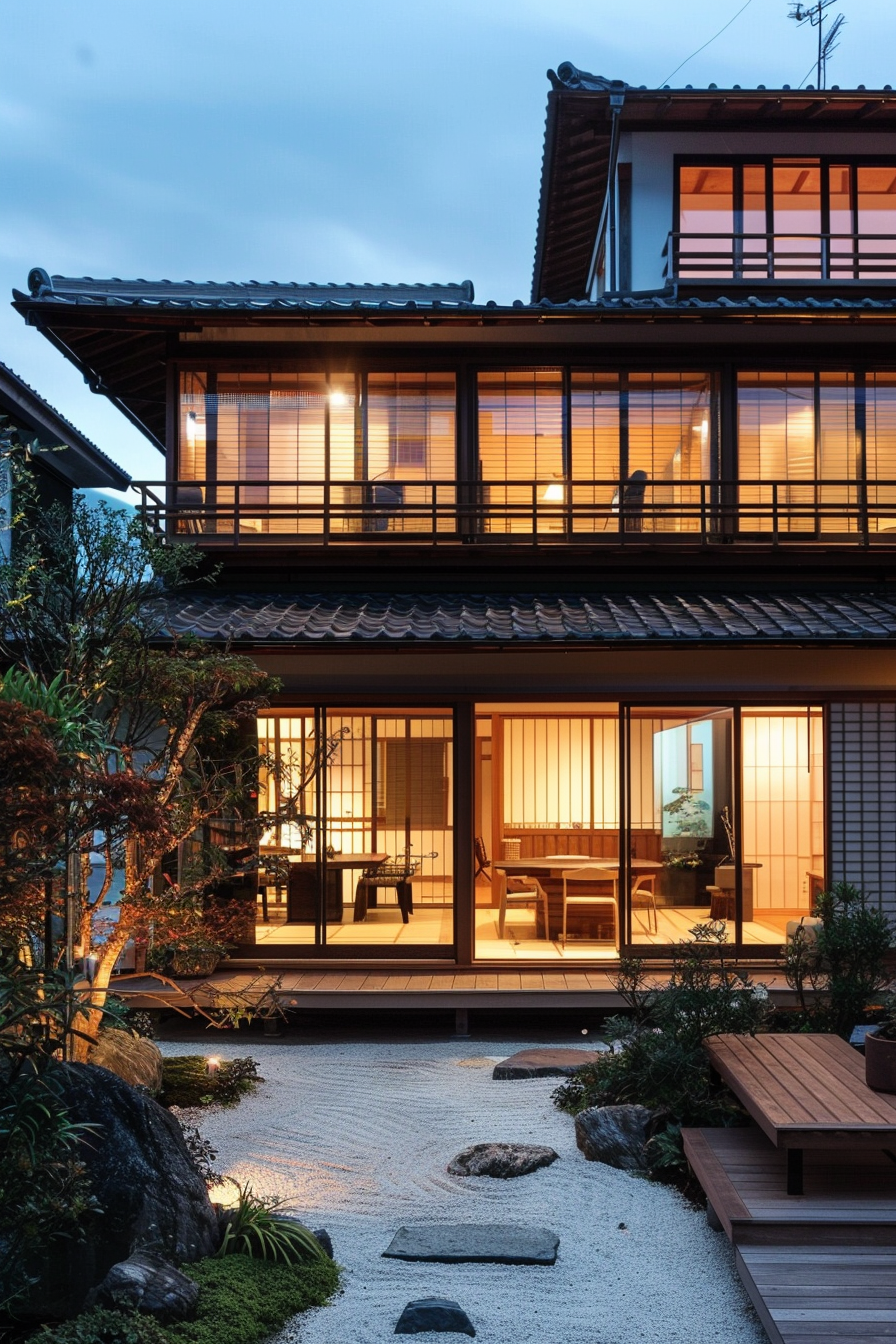 Traditional Japanese house with lit interior and zen garden at dusk.