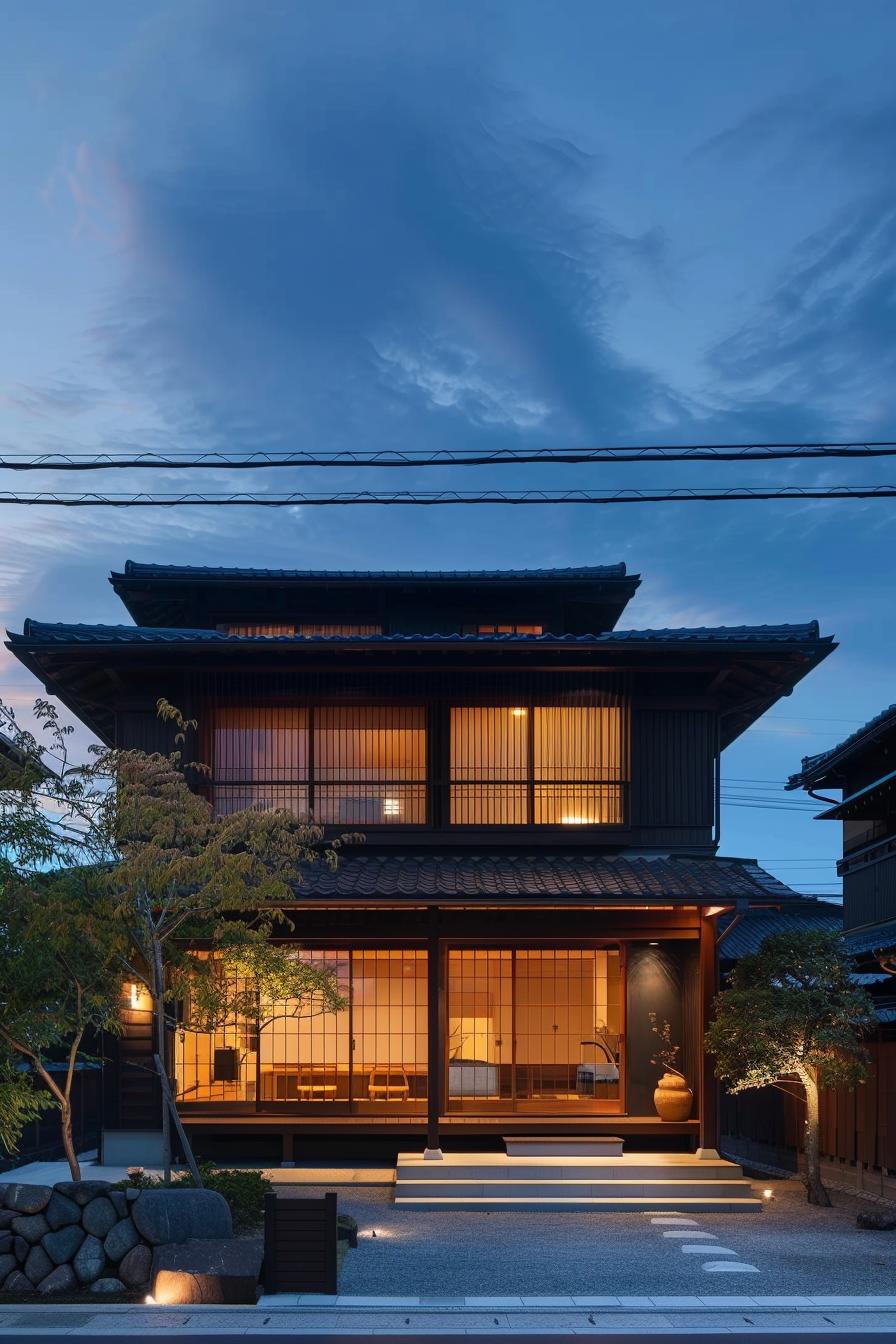Traditional Japanese house illuminated at dusk, showcasing its wooden architecture and shoji screens against a twilight sky.