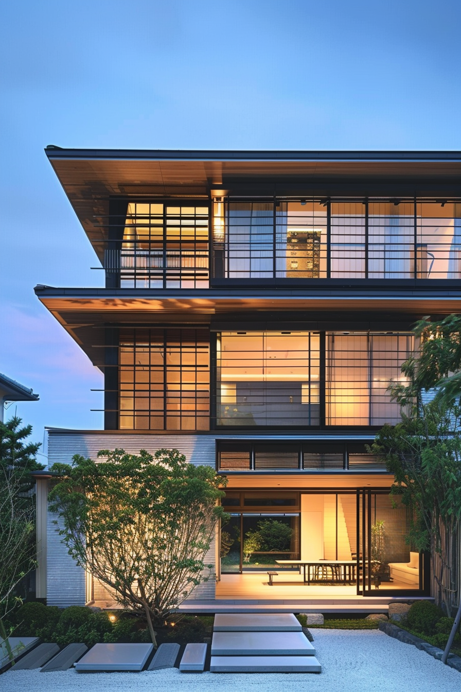 ALT: Modern multi-story house at twilight with interior lights on, featuring large windows, overhanging eaves, and a landscaped garden.